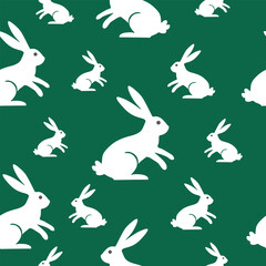 Emerald green Easter bunny pattern, vibrant spring rabbit silhouette jumping seamless background