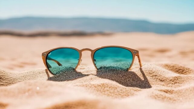 Sun protective eyewear resting on warm sand dune with blurred ocean horizon under bright sky