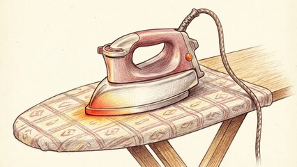 Hotpoint iron resting on patterned ironing board, showcasing high fidelity design and vibrant colors, ideal for home appliance and household lifestyle imagery