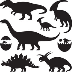 Vector illustration of dinosaur silhouette including Stegosaurus, Brontosaurus, Velociraptor, Triceratops, Tyrannosaurus rex, and Spinosaurus. © MstHazara