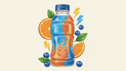 Vibrant blue sports drink bottle surrounded by fresh oranges, blueberries, and green leaves, showcasing a refreshing beverage concept with energetic elements