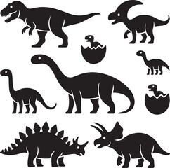 Vector illustration of dinosaur silhouette including Stegosaurus, Brontosaurus, Velociraptor, Triceratops, Tyrannosaurus rex, and Spinosaurus. © MstHazara