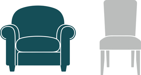 Teal armchair and gray chair silhouette on transparent background