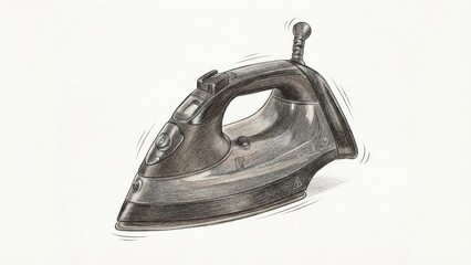 Hand-drawn high fidelity illustration of a modern steam iron on a white background, showcasing intricate details and design elements, perfect for home appliance concepts and creative projects