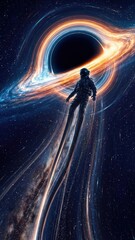 Astronaut floating in a vibrant space scene with a swirling black hole, surrounded by colorful cosmic elements, showcasing the beauty of the universe and the mystery of space exploration