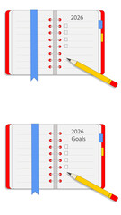 Set of 2 notebook illustrations with bookmark, side register tabs and pencil with shadow and goals checklist for 2026 an transparent background