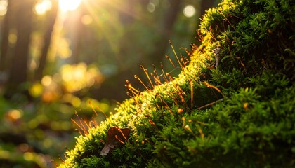 Mossy woodland scene bathed in golden sunlight, with bokeh background, showing forest floor life and tranquility