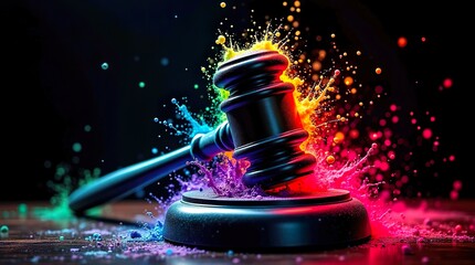 ​Judge Gavel with Colorful Vibrant Powder Splash Explosion on Black Background