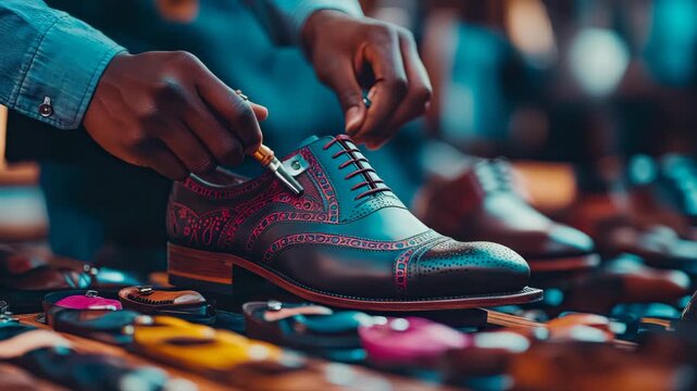 Skilled hands meticulously apply polish to ornate brogue shoe, showcasing artisan craftsmanship and luxury footwear collection.