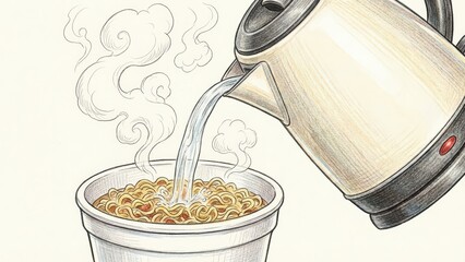 Illustration of a kettle pouring hot water into a bowl of steaming noodles, showcasing the preparation of a delicious meal with inviting aromas and textures