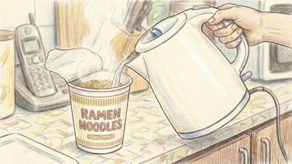 Hand pouring hot water from kettle into ramen noodles cup on kitchen counter, steam rising, showcasing a cozy cooking moment with vibrant colors and textures