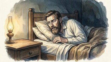 Man with a beard lying in bed, looking anxious and contemplative, illuminated by a warm lamp, creating an intimate atmosphere of reflection and unease in a dimly lit room