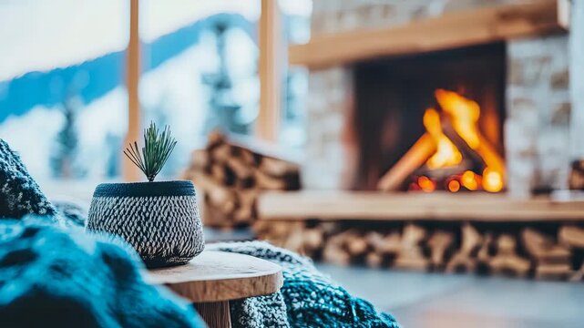 Cozy indoor setting with small plant on table, warm fireplace, and blurred snowy mountain outside large window, creating serene and inviting home ambiance.