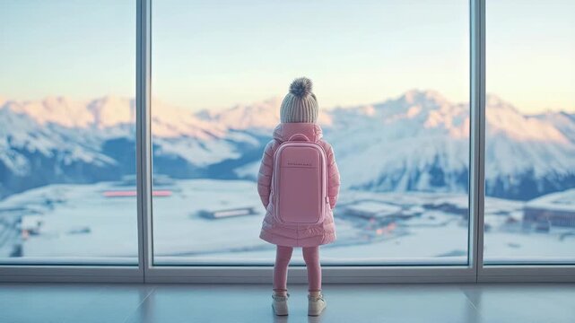 Solitary child in pink puffer coat and knitted cap gazes out expansive window at majestic, snow-capped mountain panorama at dawn.
