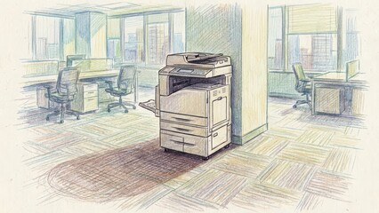 Office environment featuring a detailed sketch illustration of a multifunction printer, surrounded by empty desks and chairs, showcasing a modern workspace with ample natural light