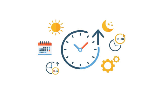Blue and red clock with surrounding time-related and gears
