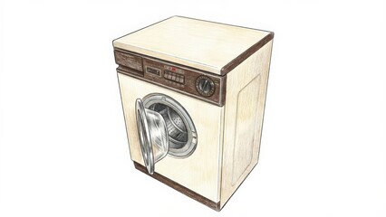 Vintage washing machine illustration featuring a front-loading design with a wooden finish, showcasing intricate details and a classic aesthetic, perfect for retro-themed projects