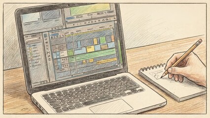 Hand of a person sketching notes beside a laptop displaying a timeline in Premiere Pro, showcasing high fidelity video editing and creative process in a modern workspace