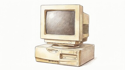 Vintage computer illustration featuring a beige monitor and tower, showcasing retro design elements and nostalgic technology, perfect for digital art and creative projects with copy space