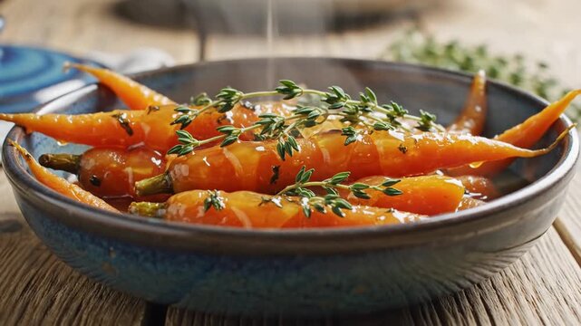 Roasted carrots glazed with sweet sauce, thyme sprigs foreground cozy azure ceramic bowl atop table
