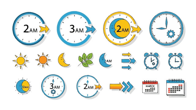 Colorful Clock with Time and Nature Symbols clocks arrows