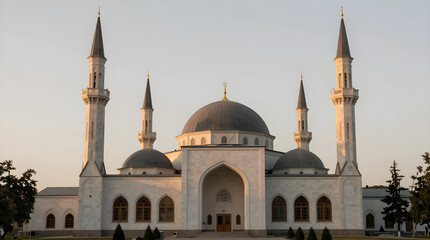 Fototapeta premium A large white mosque with multiple domes and minarets standing tall against a clear sky