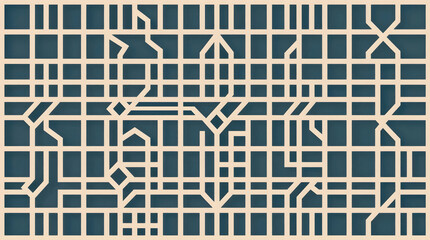 A dark blue background with a complex circuit board pattern made of light beige lines and shapes