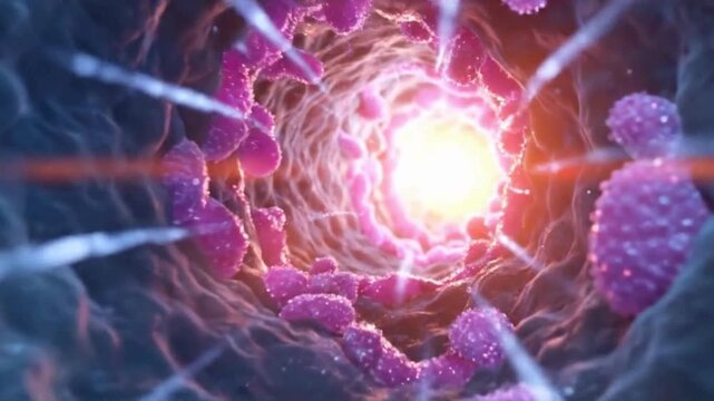 Microscopic Intestinal Villi Absorbing Nutrients Inside Human Digestive System 3D Animation