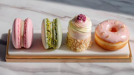 Pastel patisserie desserts with macarons and donut