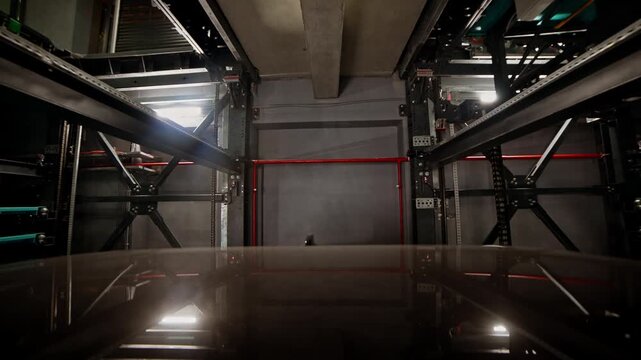 A robotic parking platform transporting a vehicle inside an automated smart parking system, featuring metal rails, mechanical structures, and high-tech movement in a multi-level facility.