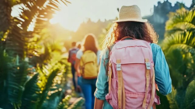 Group of friends embarking on scenic journey through lush greenery under golden glow of sunset, carrying colorful backpacks and wearing casual attire.
