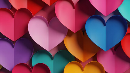 Colorful paper hearts background. Romantic valentine love concept, abstract layered heart pattern