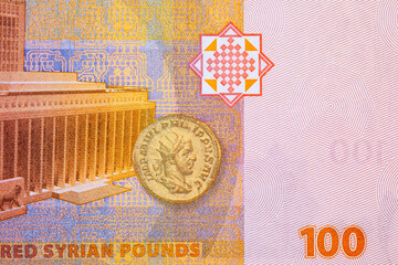 100 pound banknote Syria, fragment for designers. Paper money of Syria.