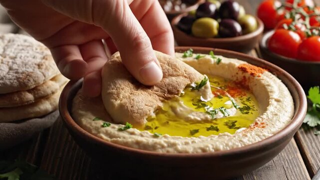 Creamy hummus with olive oil swirl, dusted paprika, pita beside tomatoes olives, and fragrant herbs