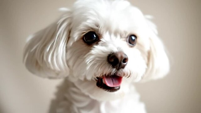 Cute white maltese dog with dark eyes looks directly at the camera with an inquisitive expression indoors