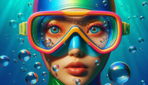 Wide-open eyes of a swimmer in a bright diving mask, bright cap and bubbles on her face. Surrealistic aquatic fashion shot, photorealistic high quality