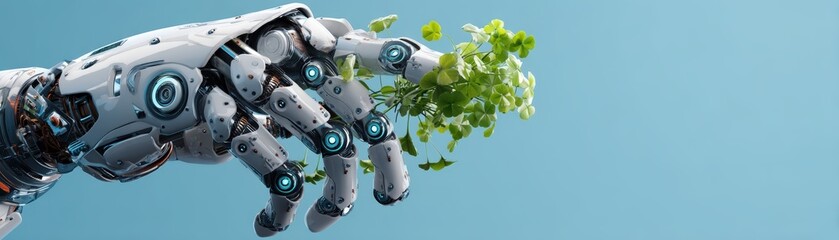 Fototapeta premium A robotic hand delicately holds greenery, the fusion of technology and nature in a futuristic setting, cute St. Patrick's robot with space for text
