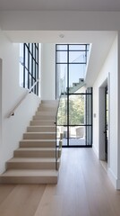 Obraz premium Modern minimalist interior with sleek white staircase and floor-to-ceiling glass windows revealing lush greenery outside, creating a bright and airy architectural space