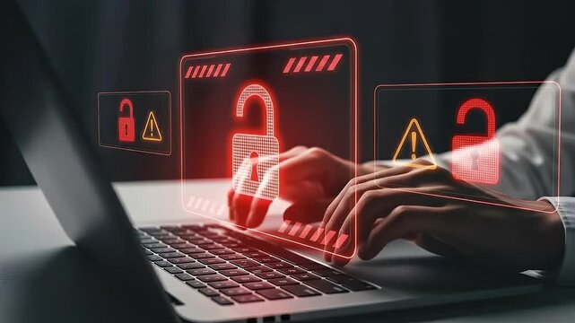 Hacking and system intrusion. Unauthorized access and account takeover. Unlocked padlock icons. Hacker using laptop computer to steal data.

