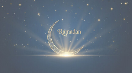 ramadan coming soon 2026, Crescent moon with ramadan text in starry night sky