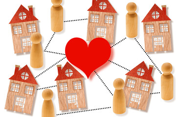 Minimalist illustration of wooden houses, human figures and a red heart connected by dotted lines, symbolizing community, connection, cooperation and residential unity.