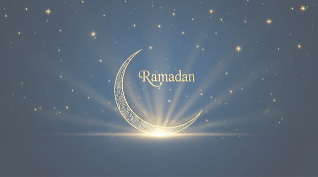 ramadan coming soon 2026, Crescent moon with ramadan text in starry night sky