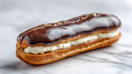 Chocolate &eacute;clair with glossy glaze and gold accents