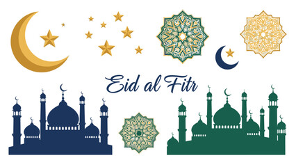 Eid al Fitr celebration with mosque silhouettes and decorative Islamic architecture