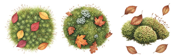 Three moss balls with autumn leaves and flowers on transparent background