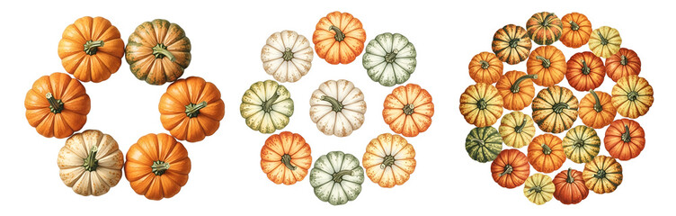 Colorful assortment of small pumpkins in various shades on transparent background