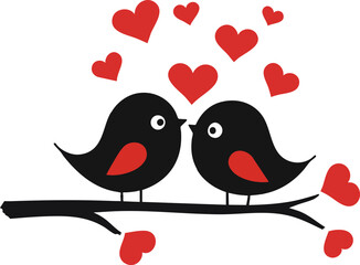 Obraz premium Two cute birds on a branch surrounded by red hearts.