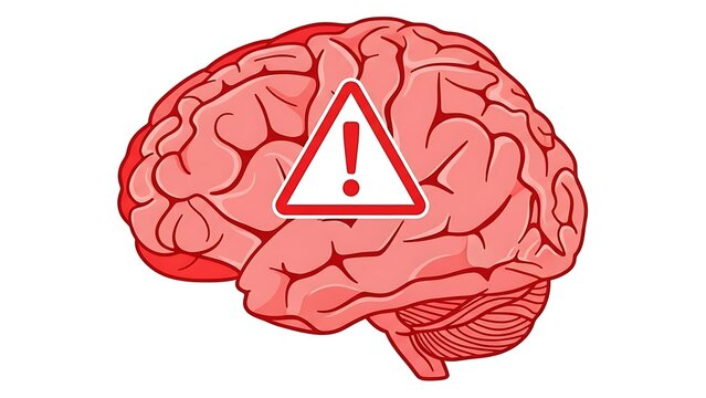 Red brain with a warning sign, symbolizing a health alert or medical concern