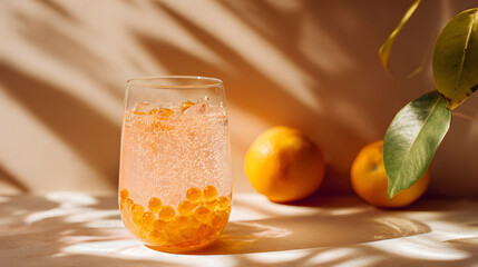 Peach bubble tea with citrus background and natural sunlight