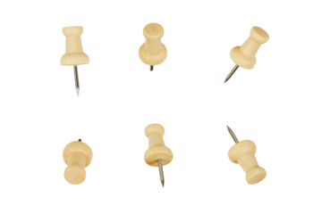 set of wooden push pins in various positions isolated on white or transparent png